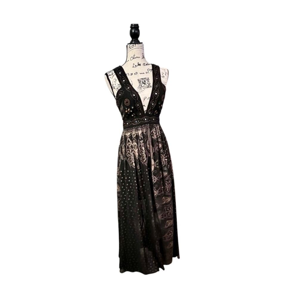 Free People Candela Embellished Mirror Maxi Dress Boho Festival Black Gold Sz 2 - Picture 2 of 11